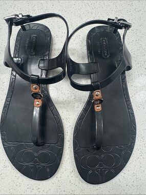 Coach Black T-Strap Jelly Sandals with Tan Accents size 37